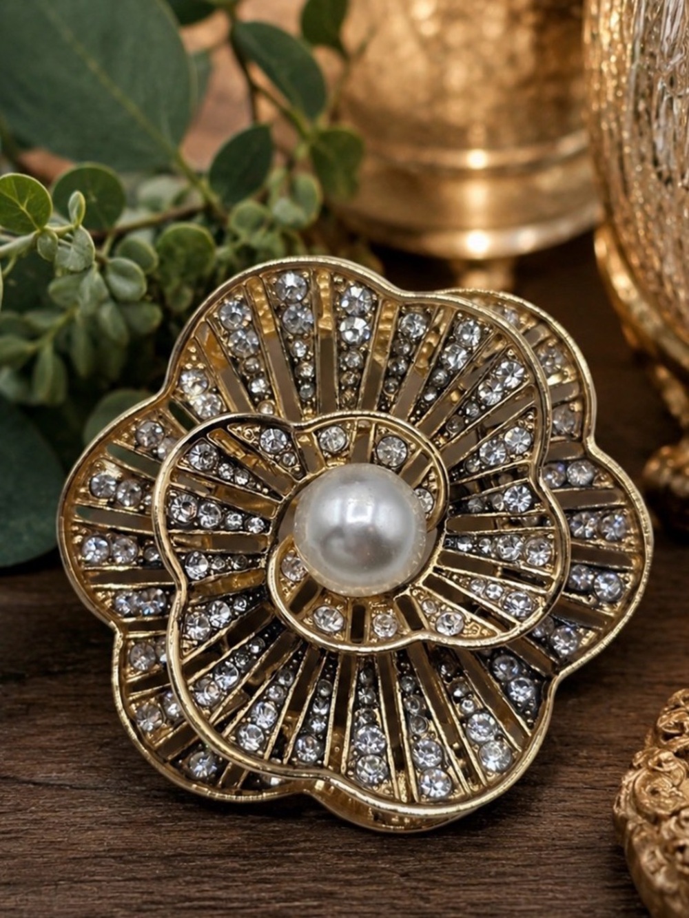 NAPIER Crystal and Faux Pearl 3-Dimensional Spiral Flower Brooch